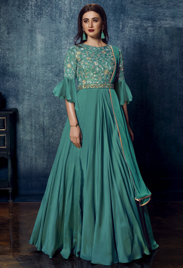 Teal Modal Satin Zari Work Gown with Dupatta